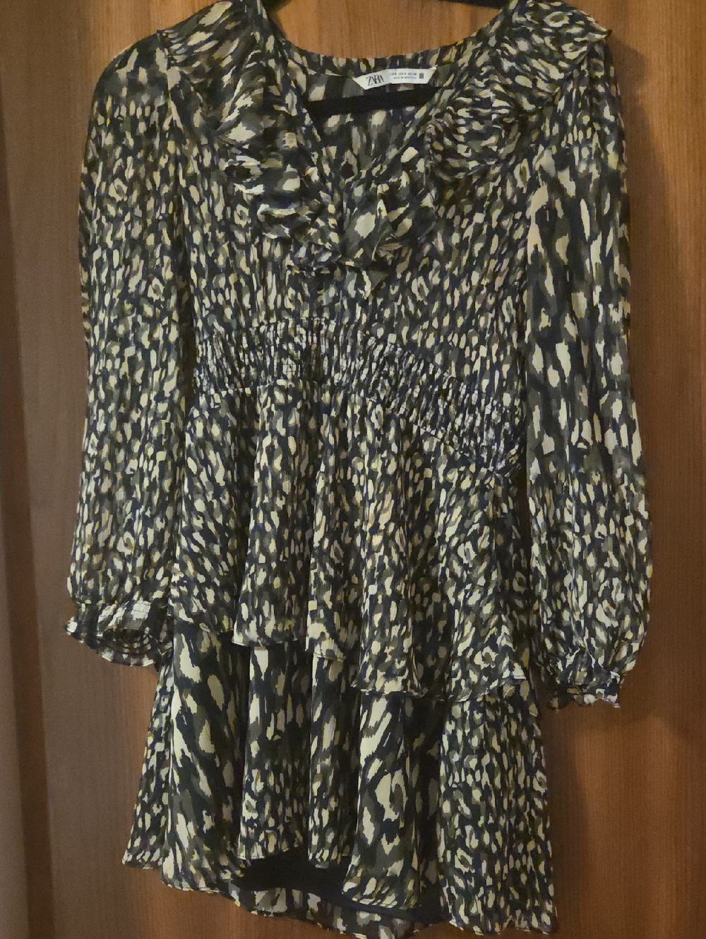 Zara Olive & Cream Ruffle Tiered Smocked Waist Long Sleeve Dress
